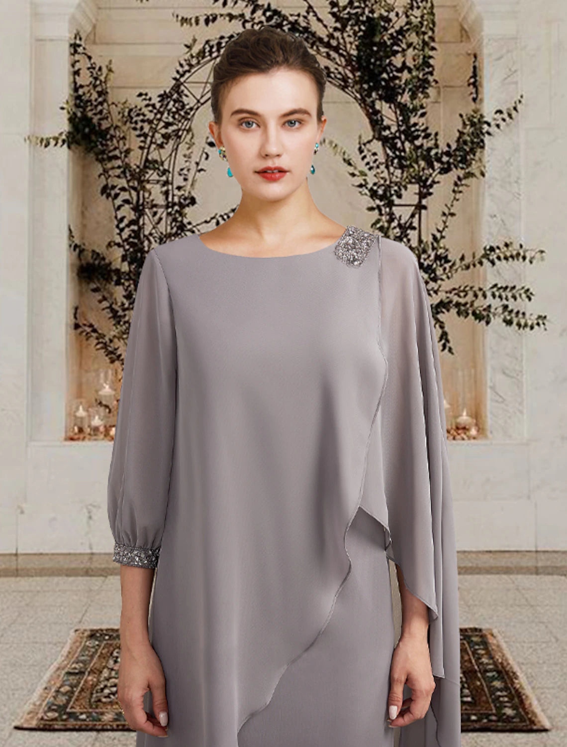Weitese Sheath / Column Mother of the Bride Dress Wedding Guest Elegant Jewel Neck Floor Length Chiffon 3/4 Length Sleeve with Beading Sequin Fall