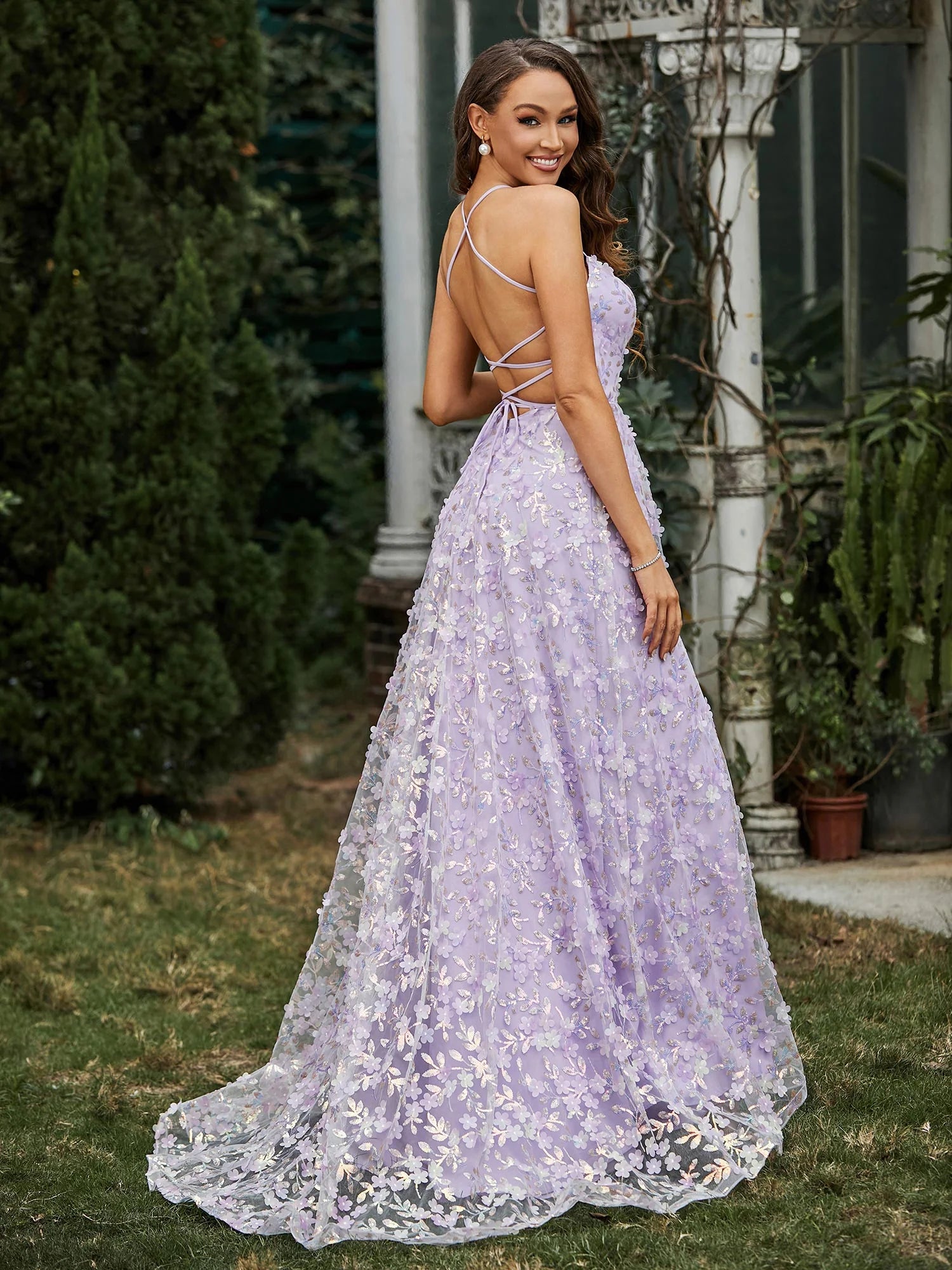 Weitese Square Neckline Sweep Train Floral Dress With Slit Lilac