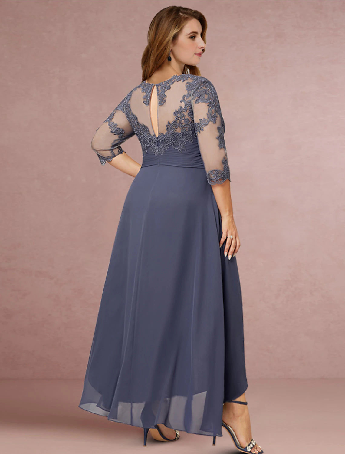 Weitese Sheath / Column Mother of the Bride Dress Wedding Guest Elegant Jewel Neck Asymmetrical Chiffon Lace 3/4 Length Sleeve with Pleats Solid Color