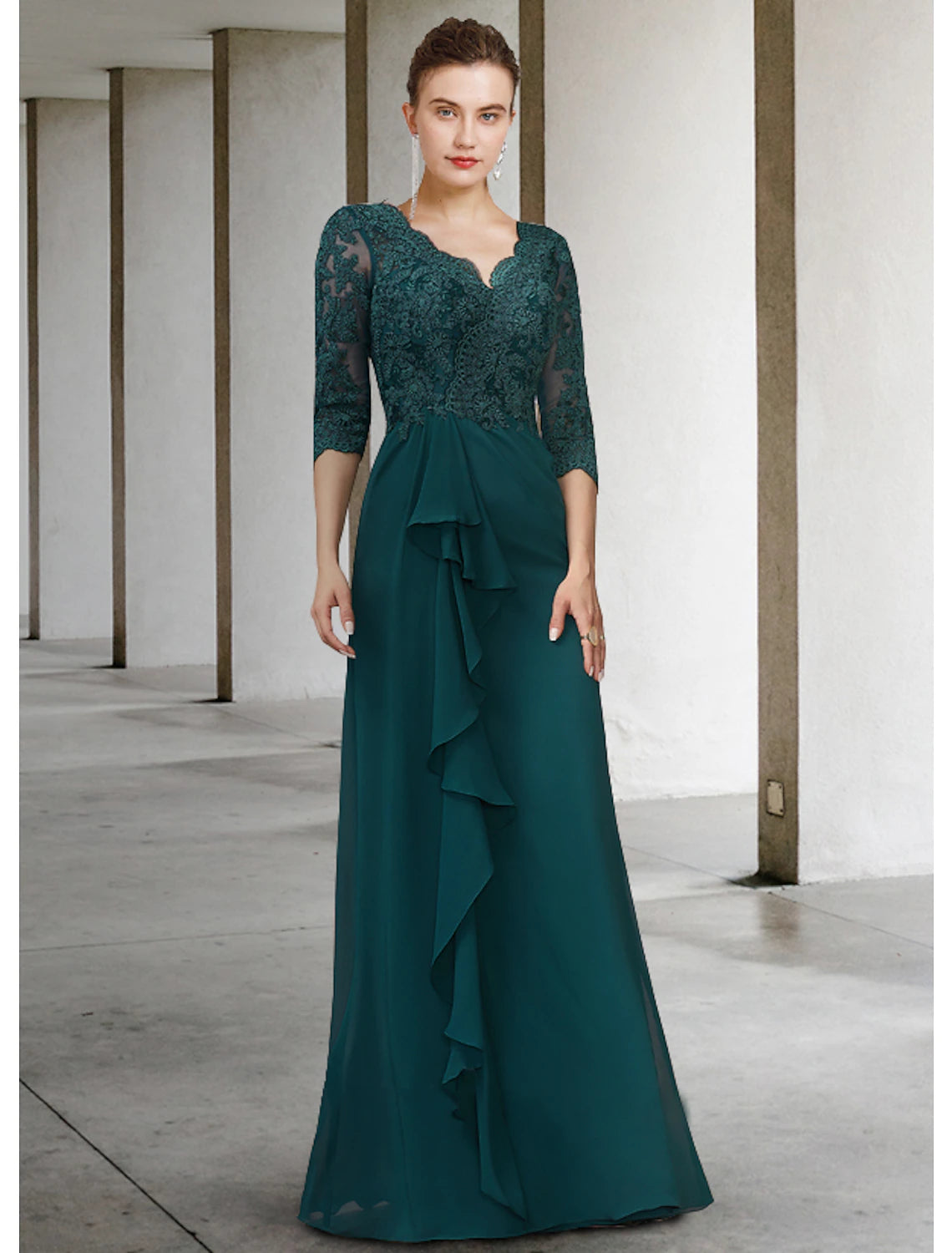 Weitese A-Line Mother of the Bride Dress Elegant V Neck Floor Length Chiffon Lace Half Sleeve with Draping Appliques
