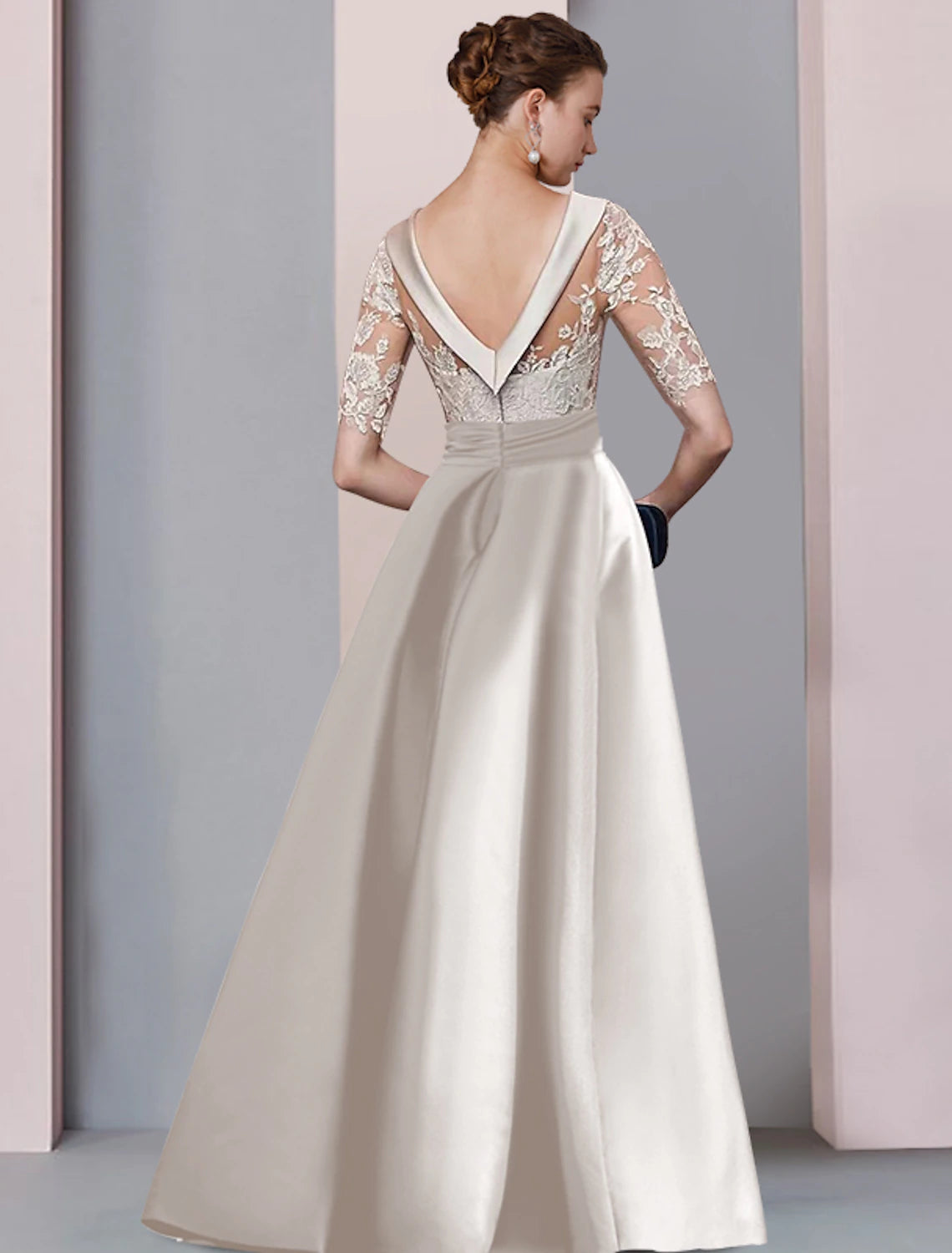 Weitese A-Line Mother of the Bride Dress Wedding Guest Elegant Scoop Neck Floor Length Satin Lace Half Sleeve with Bow(s) Appliques Split Front