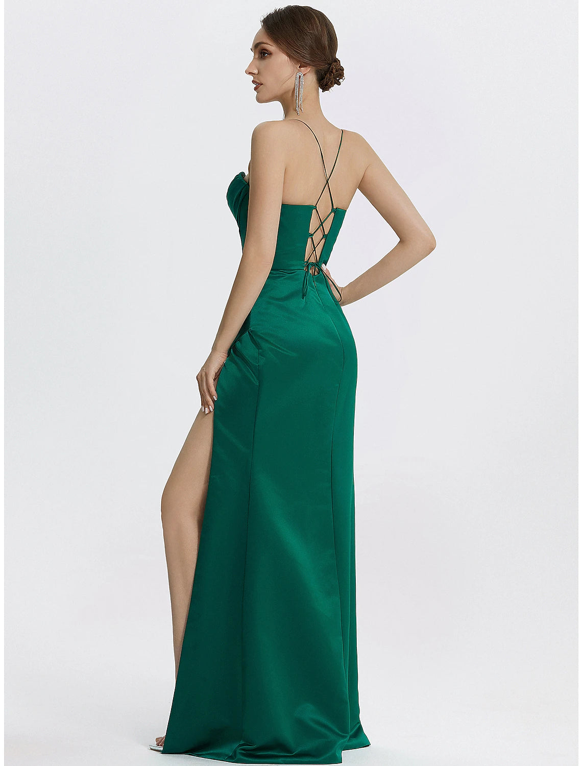 Robe de bal sirène/trompette Weitese, corset, robe d'invitée de mariage, cravate noire, longueur au sol, sans manches, col bénitier, satin avec fente froncée