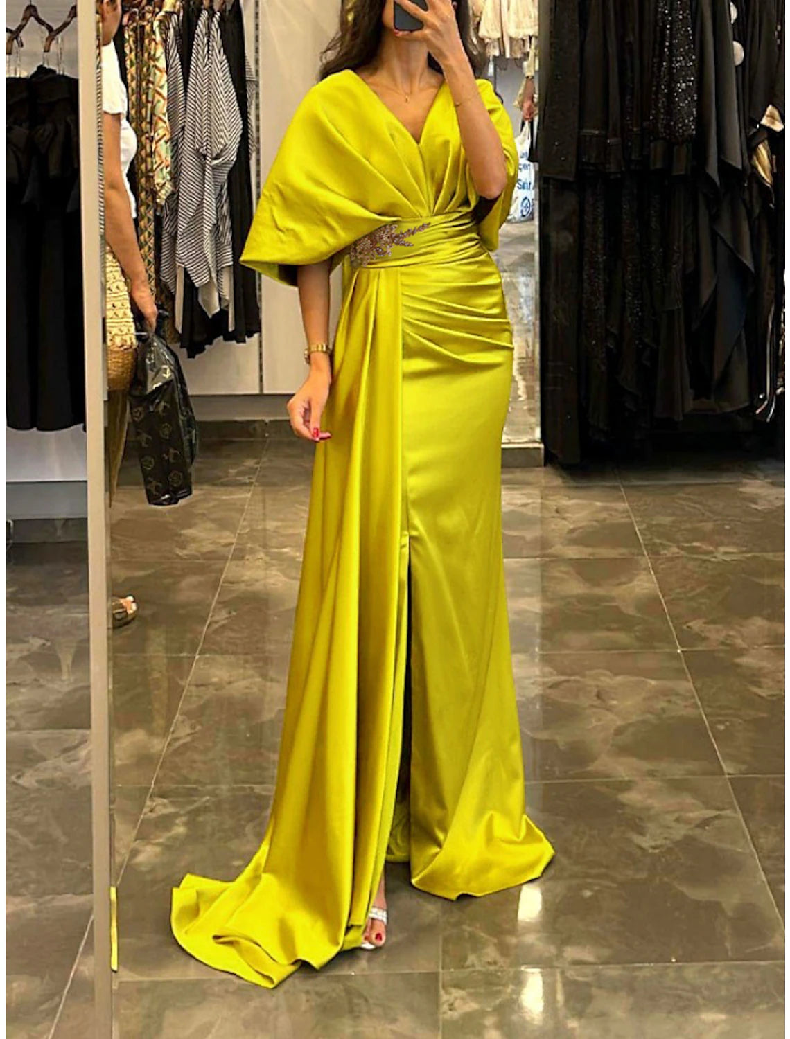 Weitese Sheath / Column Evening Gown Elegant Dress Formal Sweep / Brush Train Half Sleeve V Neck Satin with Pleats Ruched Crystals