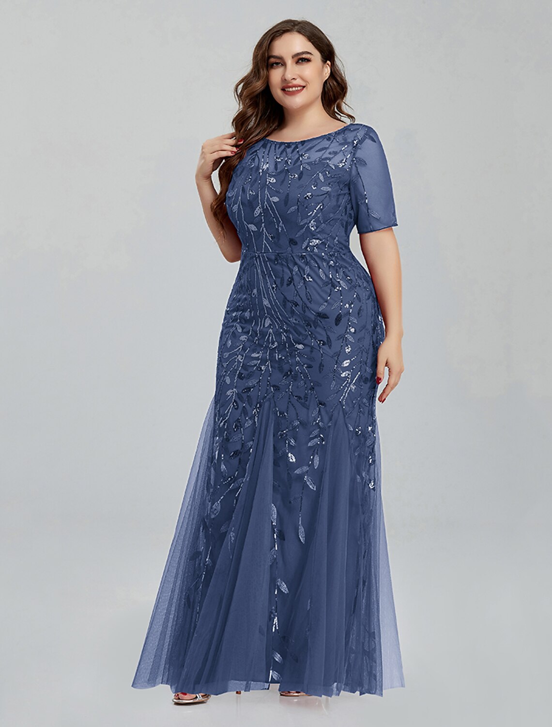 Vestido de noche estilo imperio con corte sirena/trompeta de Weitese, para invitada de boda, formal, de noche, largo hasta el suelo, manga corta, cuello joya, para dama de honor, de tul con bordado