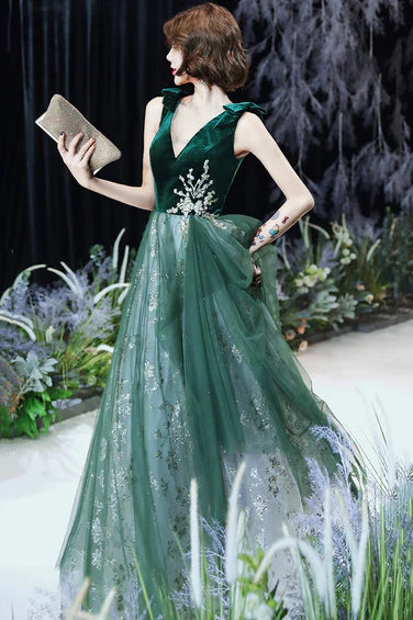 Green A-line Tulle Long Evening Dress Prom Dress