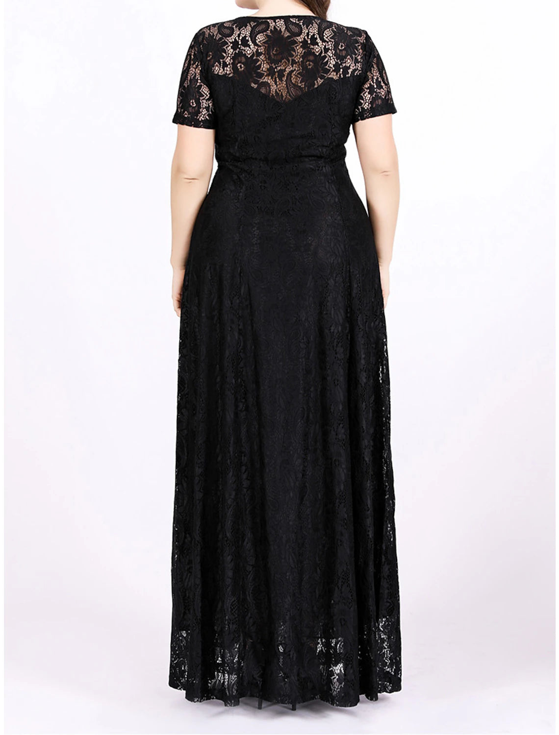 Weitese Femme Grande Taille Robe Noire Robe de Bal Robe de Soirée Robe Longue Robe Maxi Noir Blanc Manches Courtes Dentelle Unie Été Printemps Automne Col Rond Élégant Invité de Mariage Anniversaire Soirée Fête