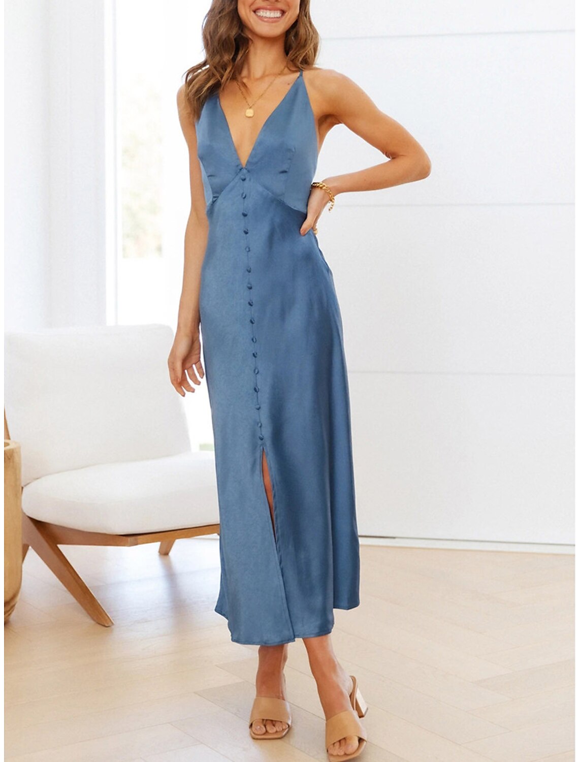 Weitese Women's Prom Dress Party Dress Wedding Guest Dress Long Dress Maxi Dress Black Light Blue Sleeveless Plain Backless Summer Spring Fall Spaghetti Strap Elegant Wedding Guest Evening Party Vacation