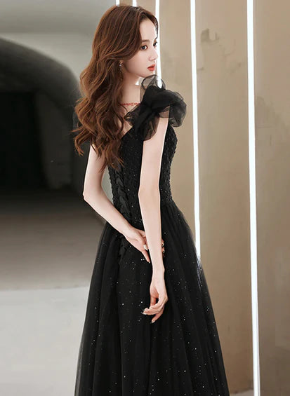 Black Tulle Beaded A-line Long Prom Dress