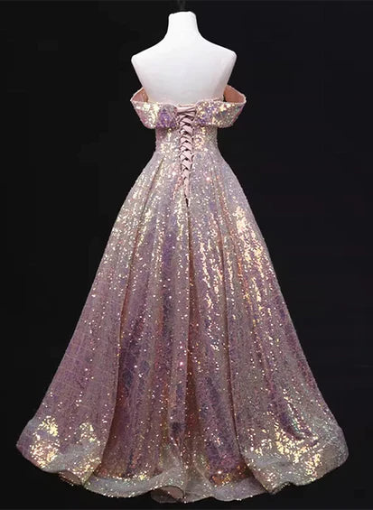 Vestido de fiesta largo de corte A con hombros descubiertos y lentejuelas rosas