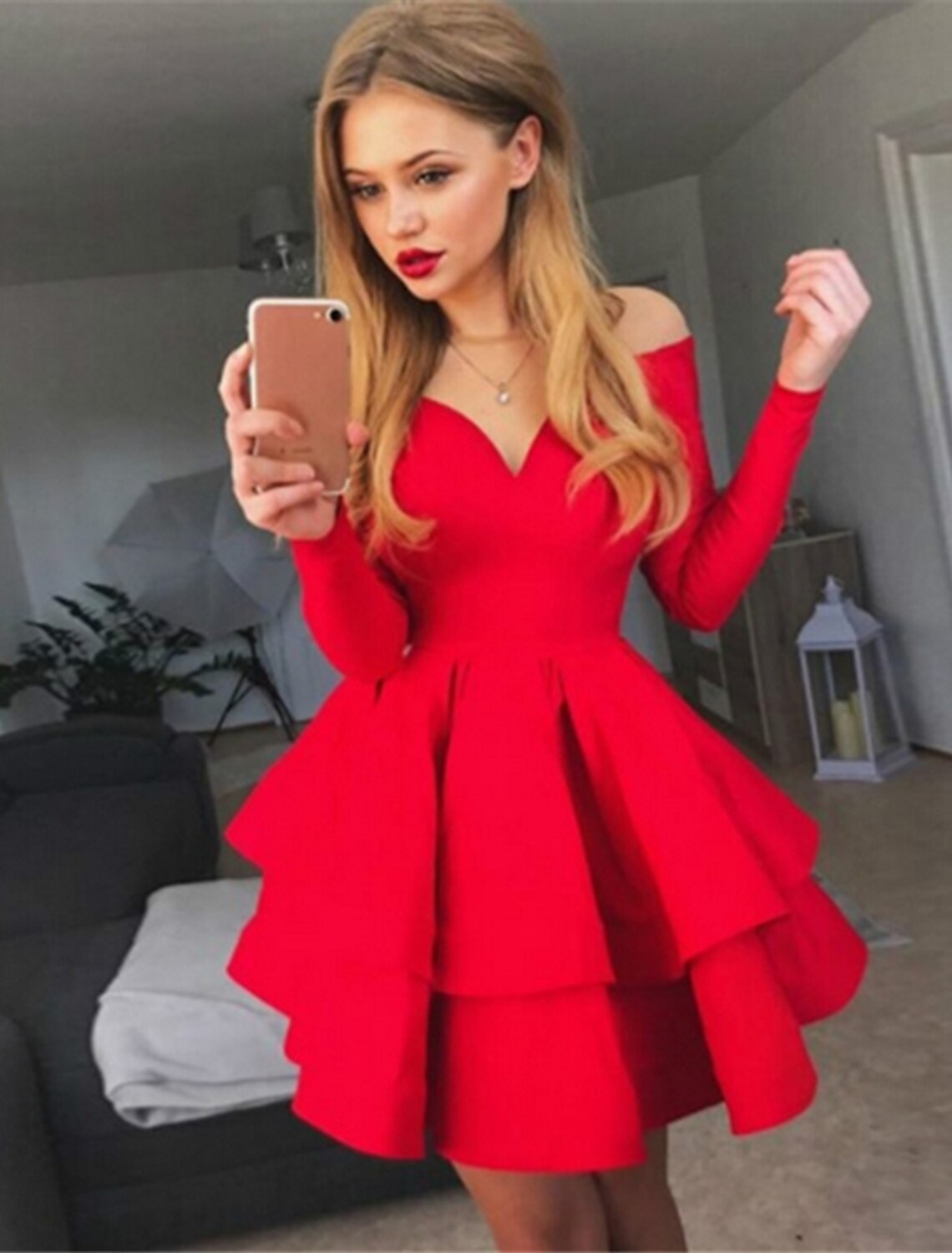 Women‘s Party Dress White Dress Black Red White Long Sleeve Pure Color Pleated Winter Fall Autumn Off Shoulder Party Winter Dress