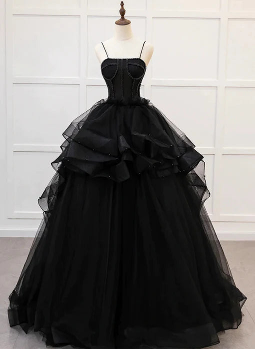 Black Straps Beaded Scoop Tulle Long Formal Dress