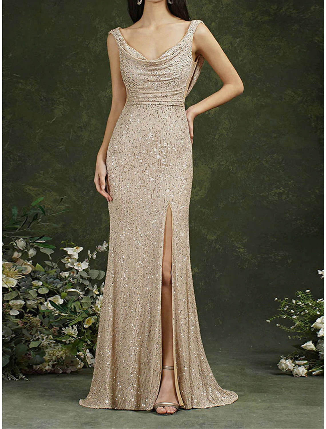 Weitese Women's Sequin Dress Prom Dress Party Dress Sparkly Dress Long Dress Maxi Dress Champagne Sleeveless Spring Fall Winter Spaghetti Strap Fashion Evening Party