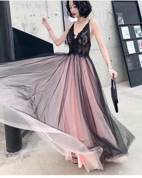 Black Lace V Neck Ombre Tulle A Line Prom Dress Spaghetti Straps