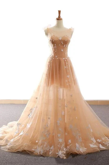 Champagne Sheer Neck Butterfly Star Lace Tulle A Line Prom Dress