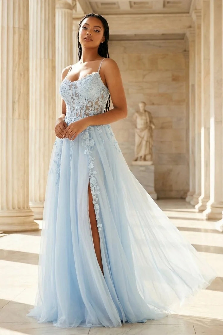 Sky Blue Tulle and Lace A-Line Sweetheart Lace-Up Back Floor-Length Dress