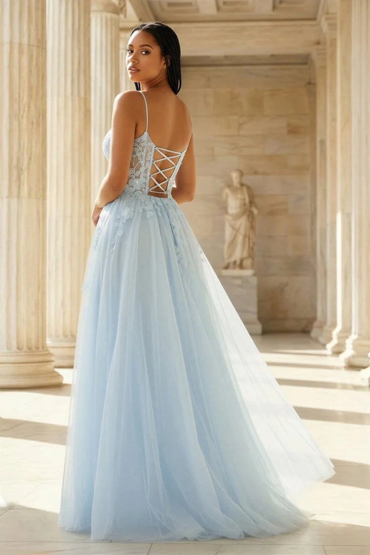 Sky Blue Tulle and Lace A-Line Sweetheart Lace-Up Back Floor-Length Dress