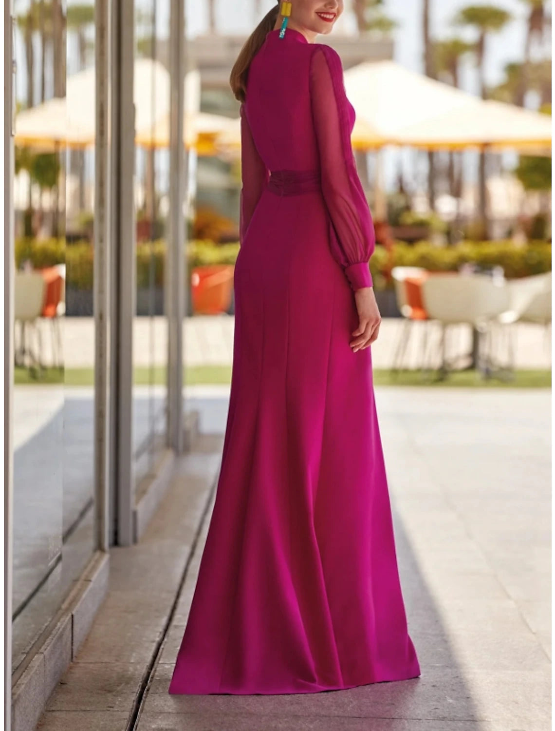 Sheath / Column Evening Gown High Split Dress Formal Wedding Guest Floor Length Long Sleeve V Neck Chiffon