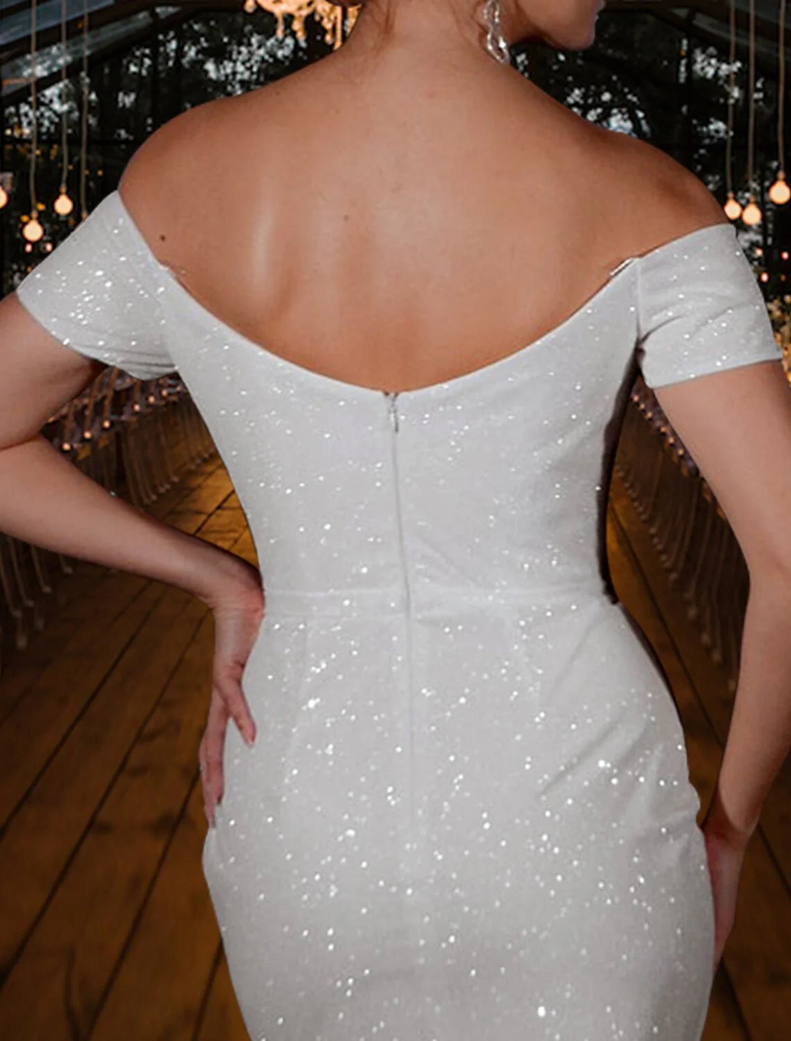 Bachelorette Party Sparkle & Shine Little White Dresses Wedding Dresses Sheath / Column Off Shoulder Cap Sleeve Tea Length Sequined Bridal Gowns