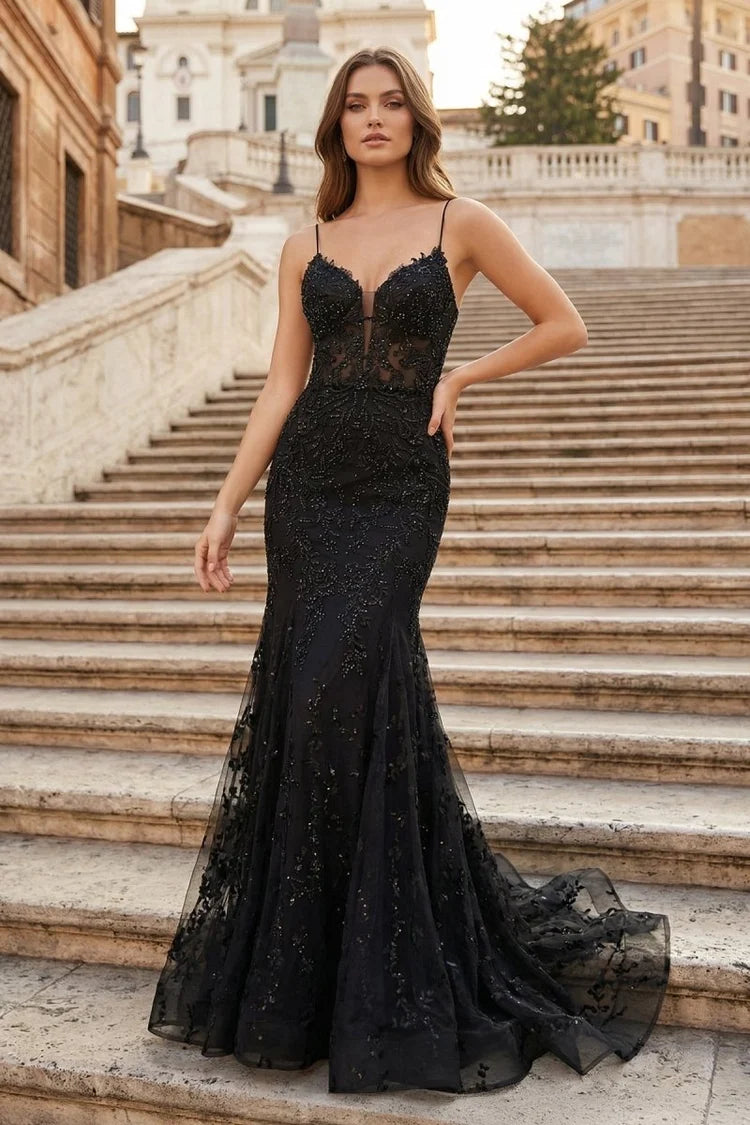Black Sequin Lace and Tulle Mermaid Plunging V-Neck Floor Length Dress