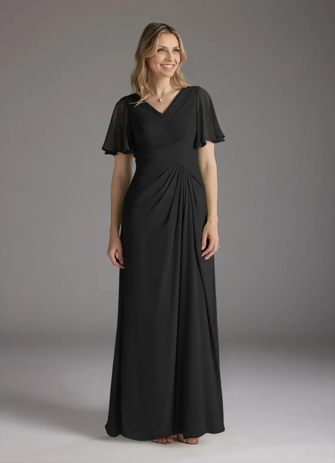 Weitese Dress A-Line V-Neck Ruched Chiffon Mother of the Groom Dresses Elegant Ruffle Flutter Sleeves V Back Evening Dress
