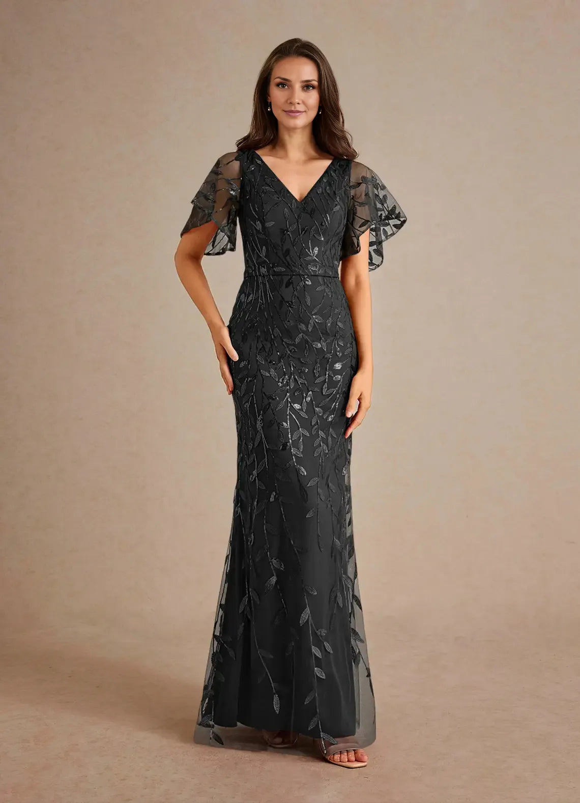 Weitese Dress Champagne Sheath Sequins Mother of the Groom Dresses Elegant V-Neck Flutter Sleeves Tulle Evening Dress