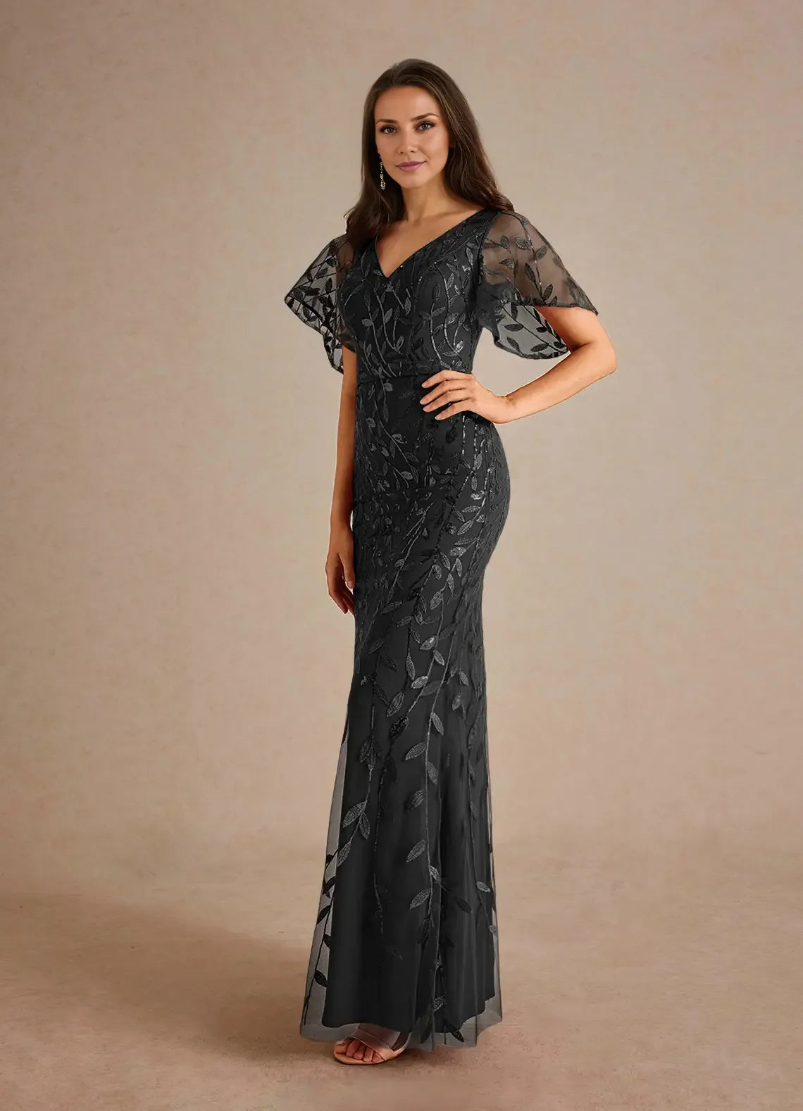 Weitese Dress Champagne Sheath Sequins Mother of the Groom Dresses Elegant V-Neck Flutter Sleeves Tulle Evening Dress