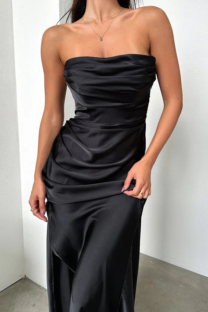 Exquisite Mermaid/Trumpet Strapless Sleeveless Satin Backless Slit Floor-Length Prom Dress