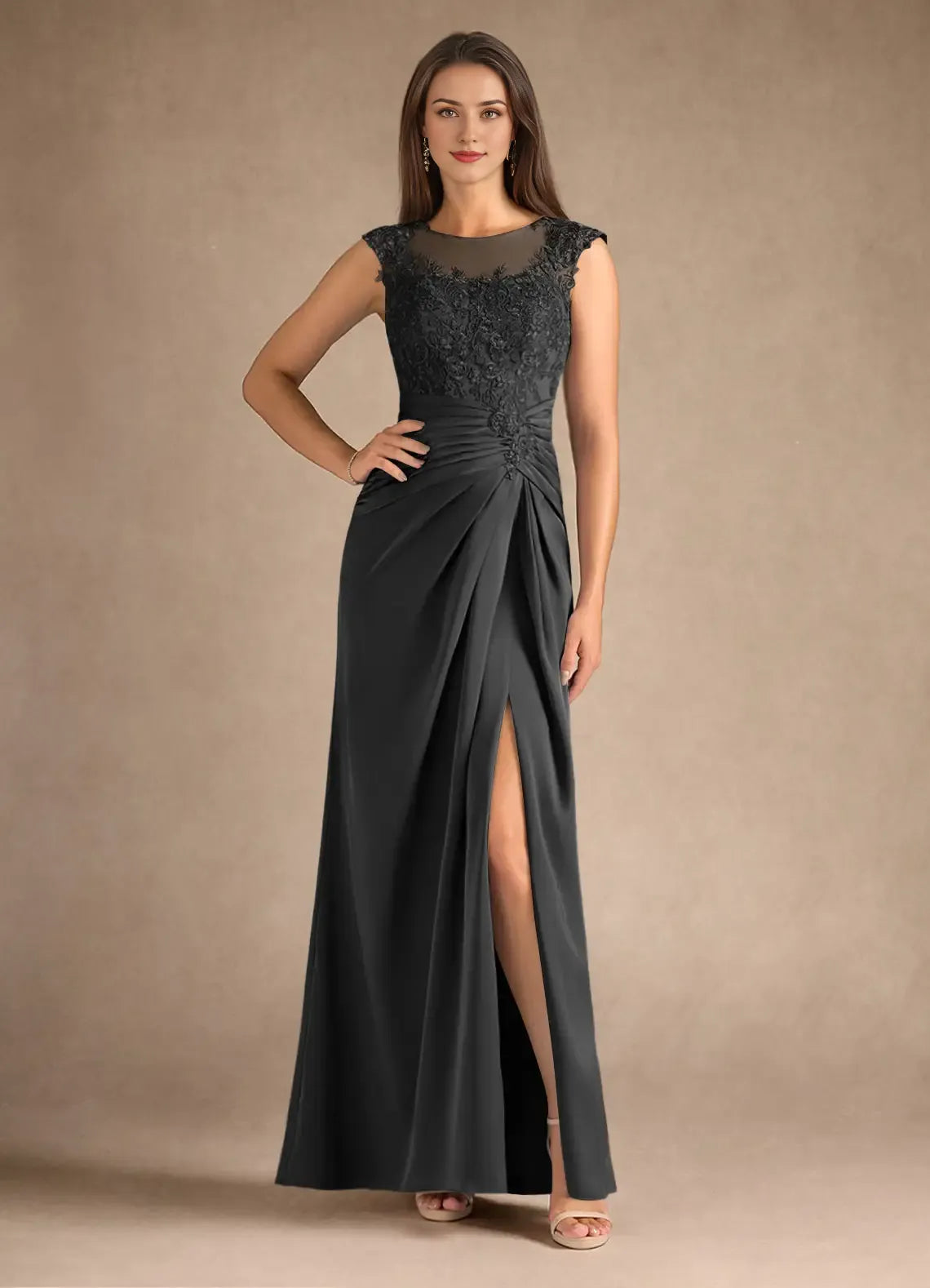 Weitese Dress Steel Blue Sheath Pleated Satin Mother of the Groom Dresses Elegant Scoop Neck Sleeveless Leg Slit Evening Dress