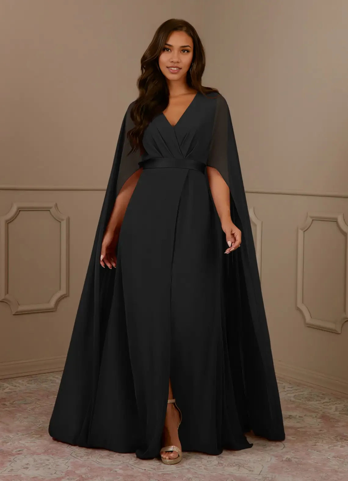 Robe Weitese bleu marine foncé, col en V, mousseline plissée, coupe trapèze, robe de soirée pour mère de la mariée, minimaliste, manches cape, fermeture éclair au dos, grande taille 
