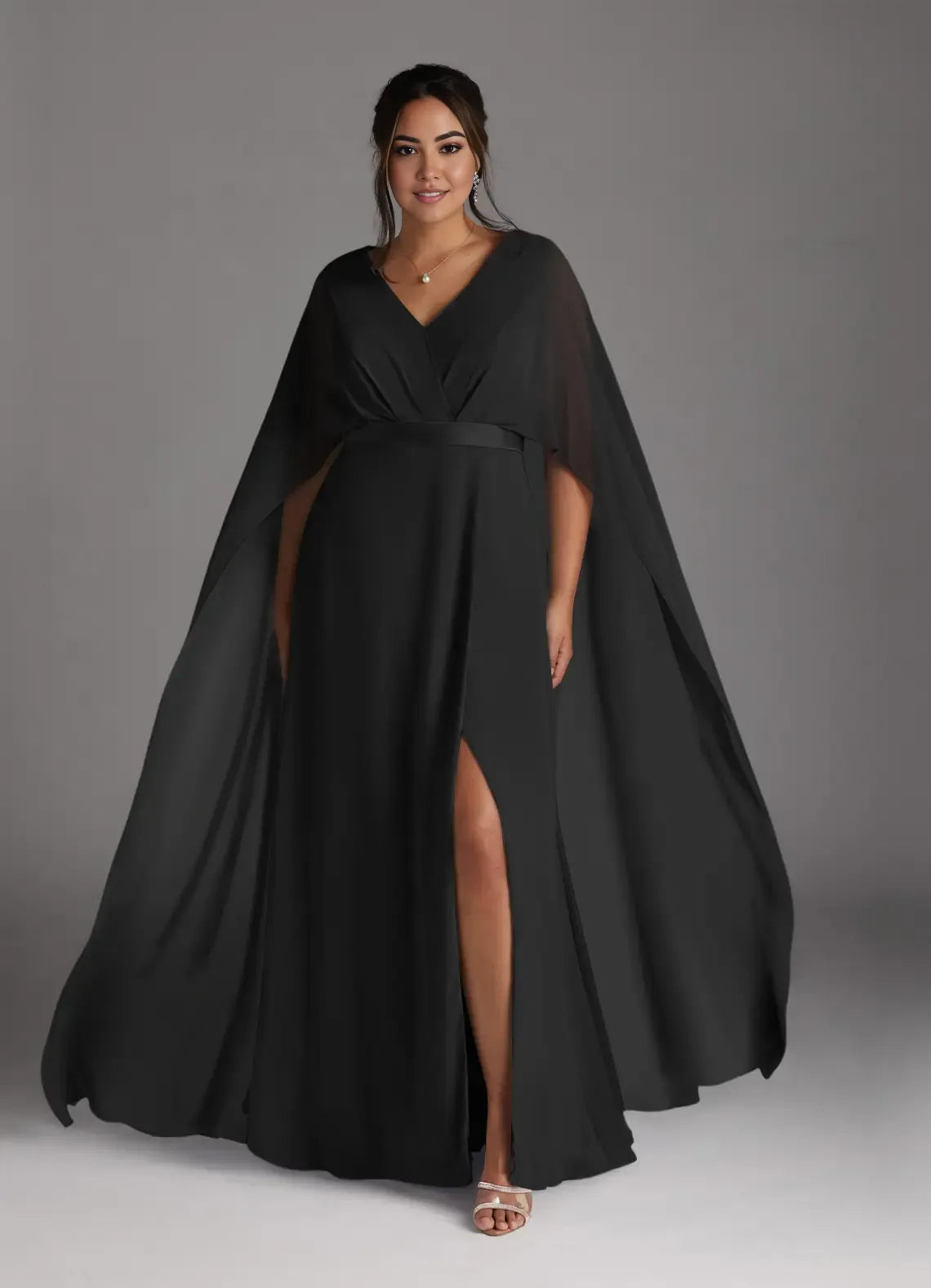 Robe Weitese bleu marine foncé, col en V, mousseline plissée, coupe trapèze, robe de soirée pour mère de la mariée, minimaliste, manches cape, fermeture éclair au dos, grande taille 