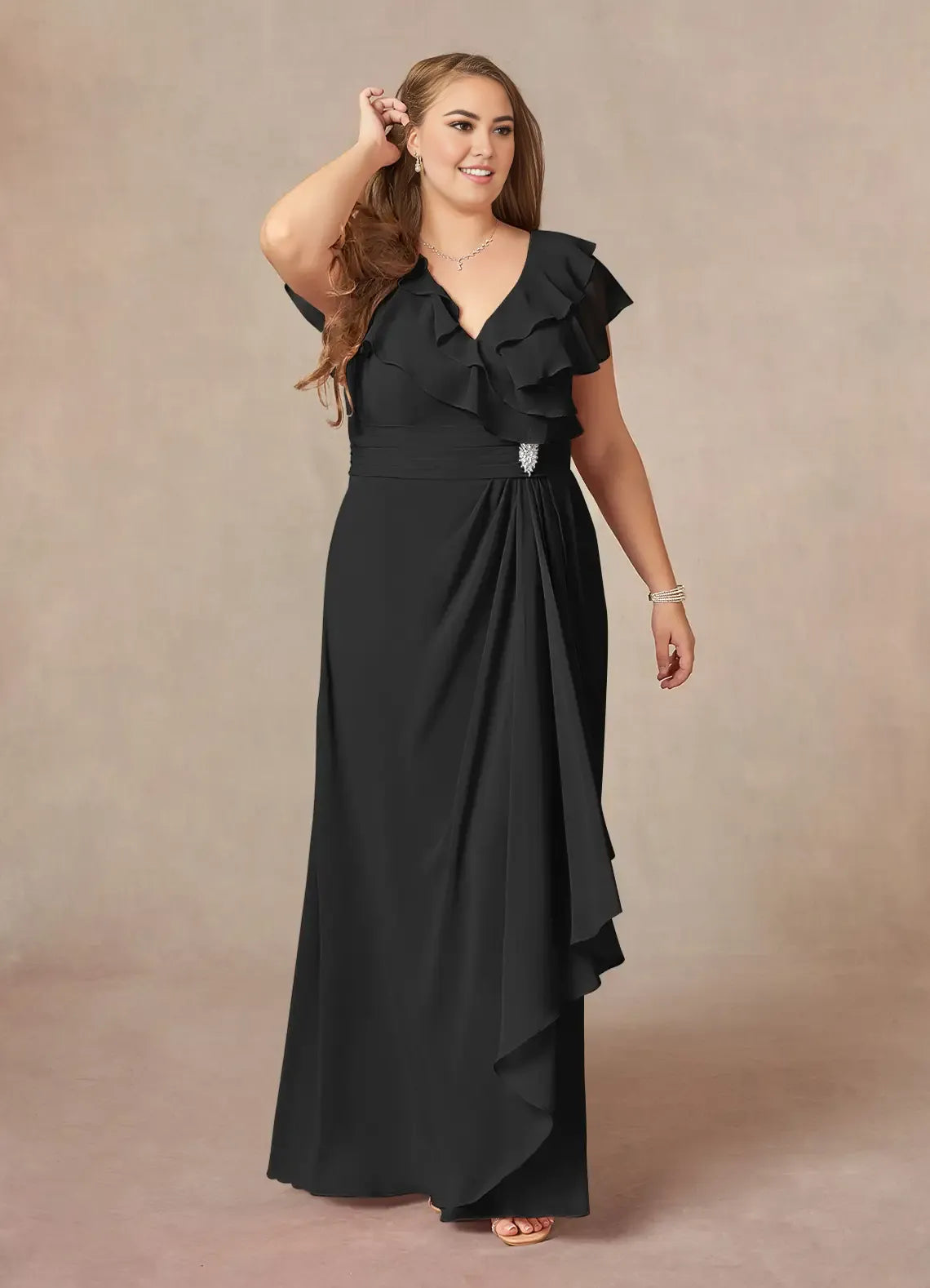 Robe Weitese bleu marine foncé, coupe trapèze, col en V, en mousseline froncée, robe de soirée pour mère de la mariée, élégante, volantée, manches flottantes, dos en V, grande taille 