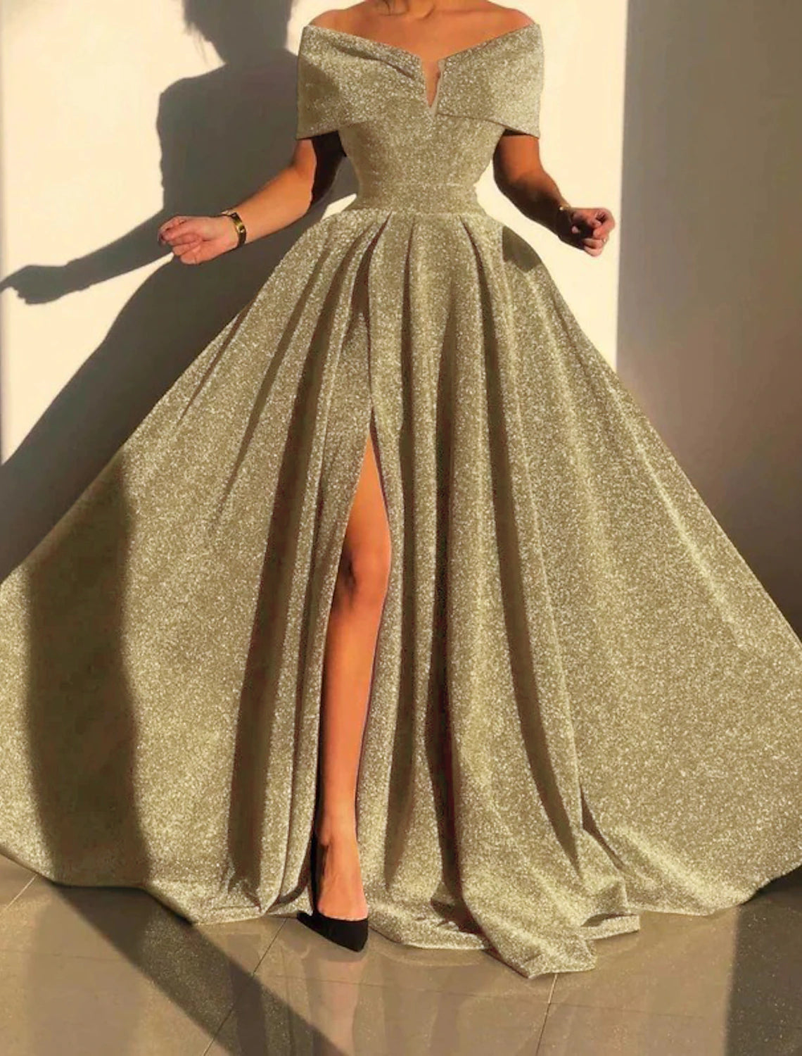 A-Line Evening Gown Sparkle & Shine Dress Formal Fall Court Train Sleeveless Off Shoulder Sequined