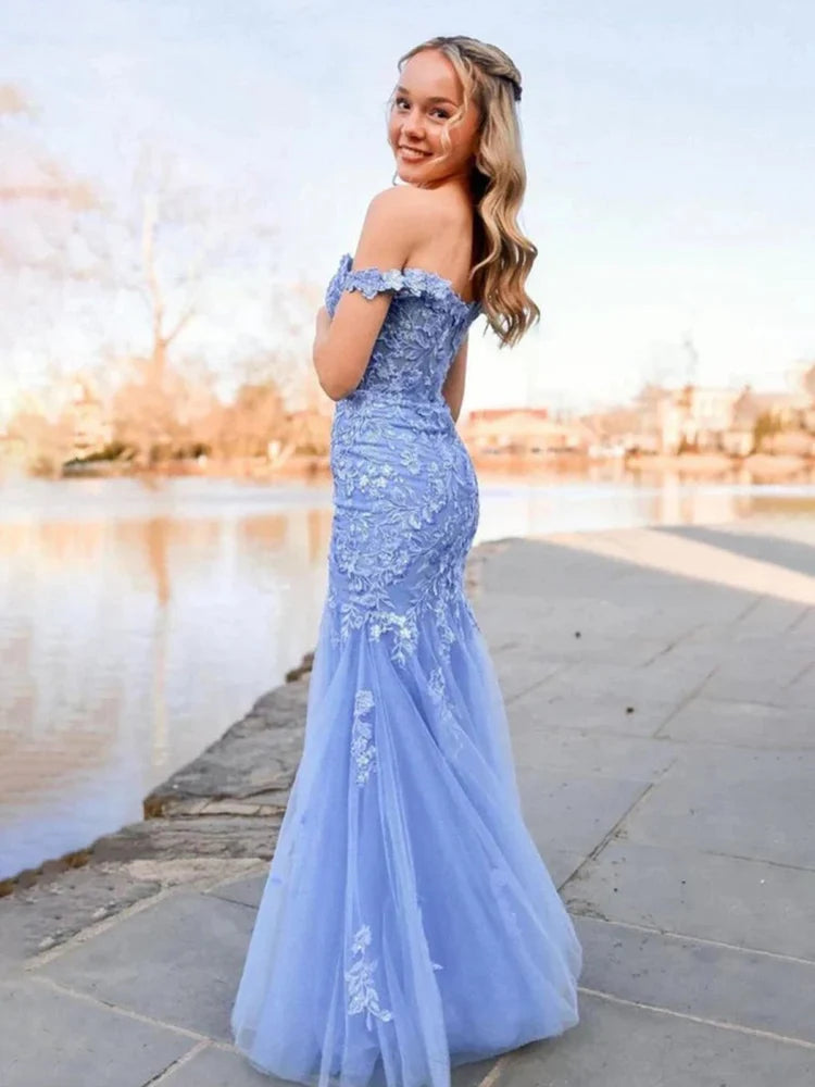 Periwinkle Blue Lace & Tulle Mermaid Off-the-Shoulder Floor-Length Dress