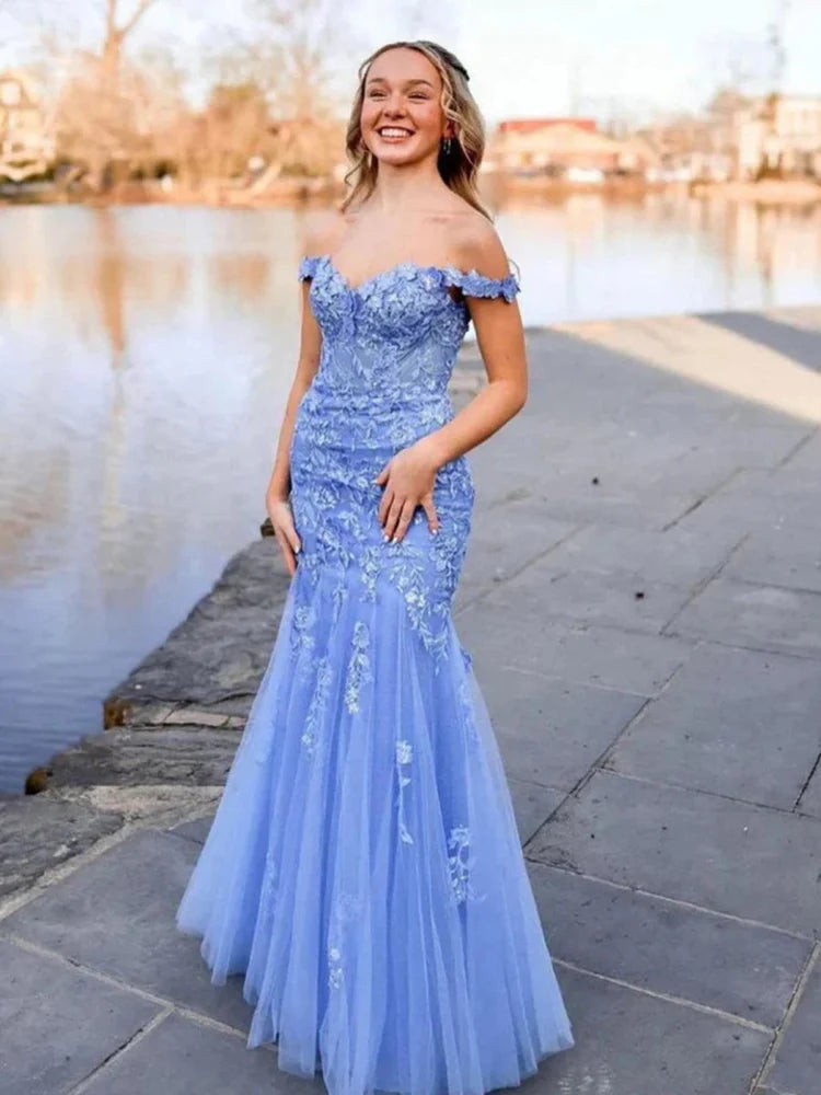 Periwinkle Blue Lace & Tulle Mermaid Off-the-Shoulder Floor-Length Dress