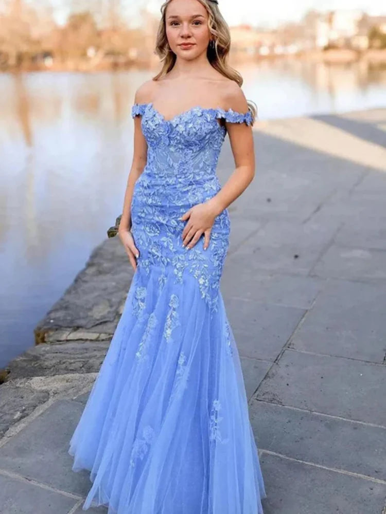 Periwinkle Blue Lace & Tulle Mermaid Off-the-Shoulder Floor-Length Dress