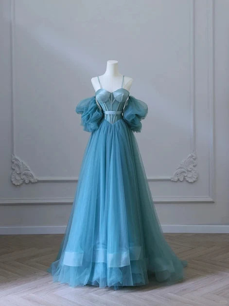 Dusty Blue Tulle and Satin A-Line Sweetheart Lace-Up Back Floor-Length Dress