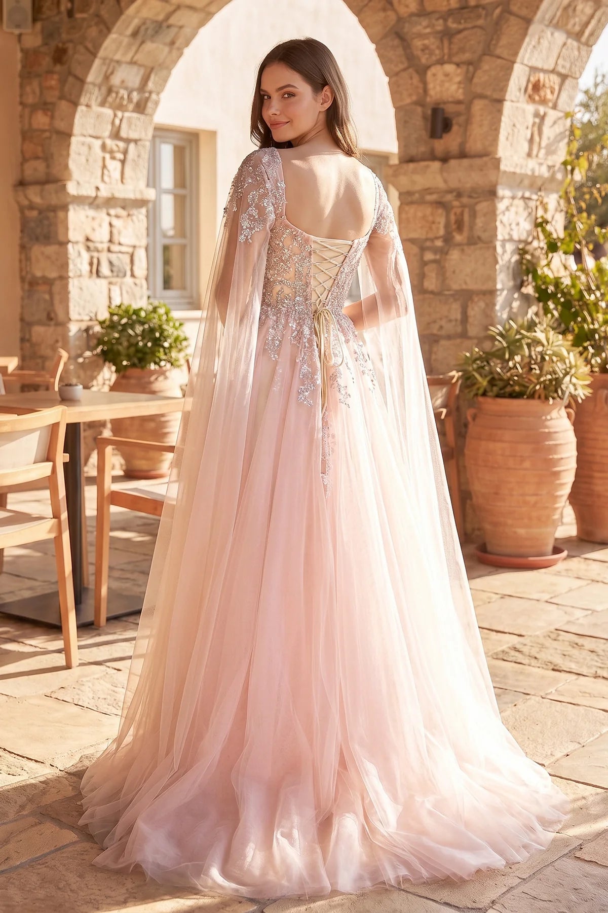 Blushing Pink Tulle A-Line Sweetheart Lace-up Floor-Length Dress