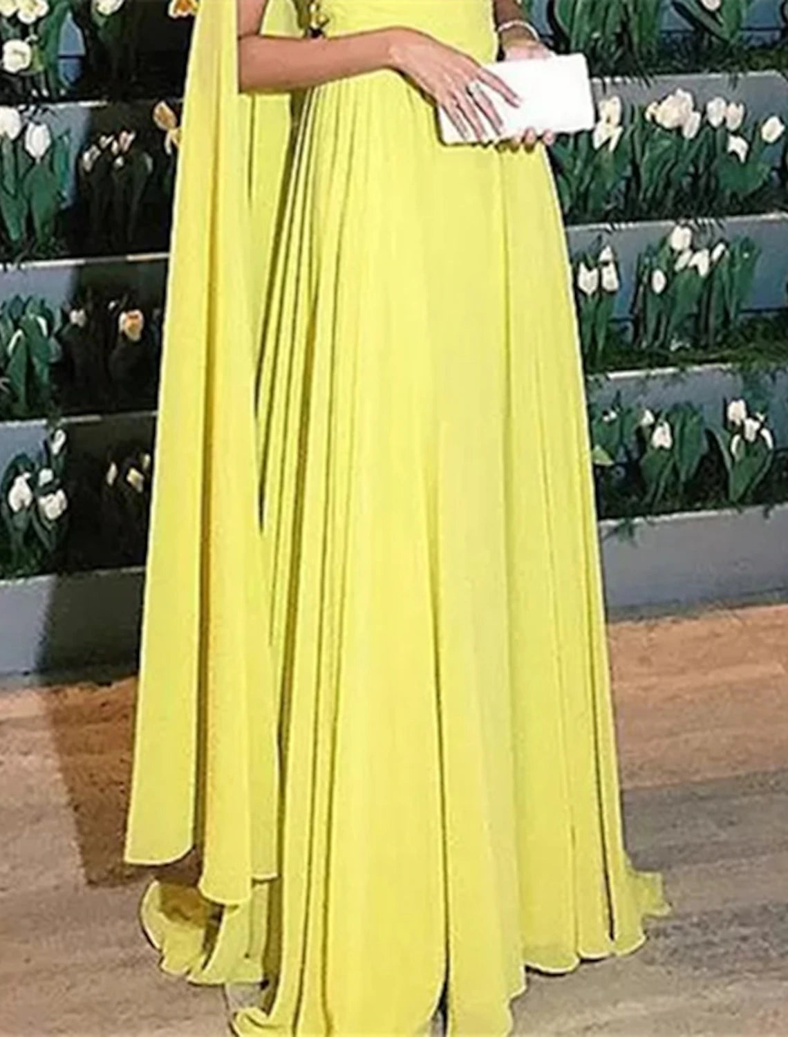 A-Line Evening Gown Elegant Dress Formal Wedding Guest Floor Length Sleeveless High Neck Capes Chiffon