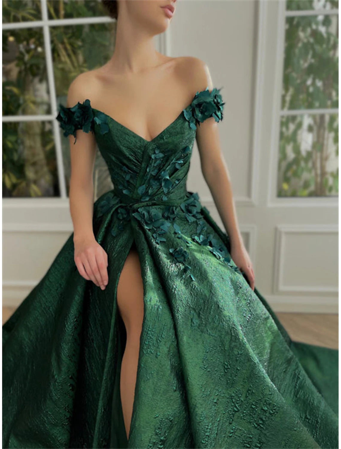 A-Line Evening Dresses Floral Dress Wedding Guest Wedding Party Court Train Sleeveless Off Shoulder Satin