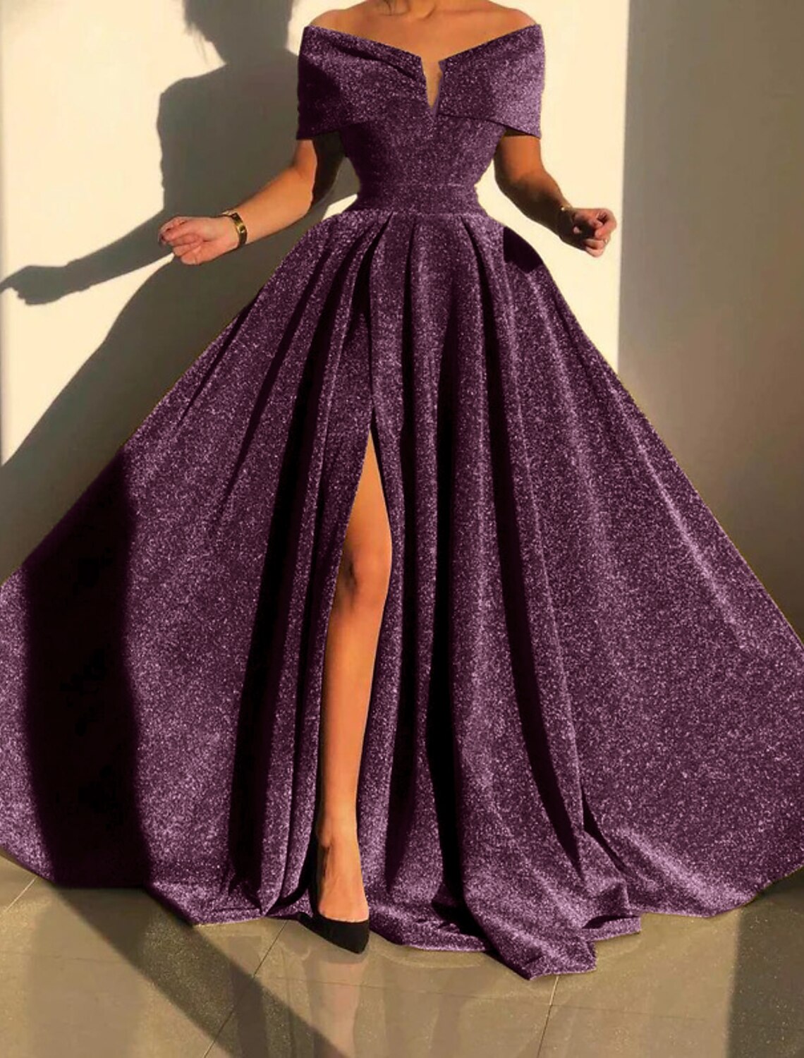 A-Line Evening Gown Sparkle & Shine Dress Formal Fall Court Train Sleeveless Off Shoulder Sequined