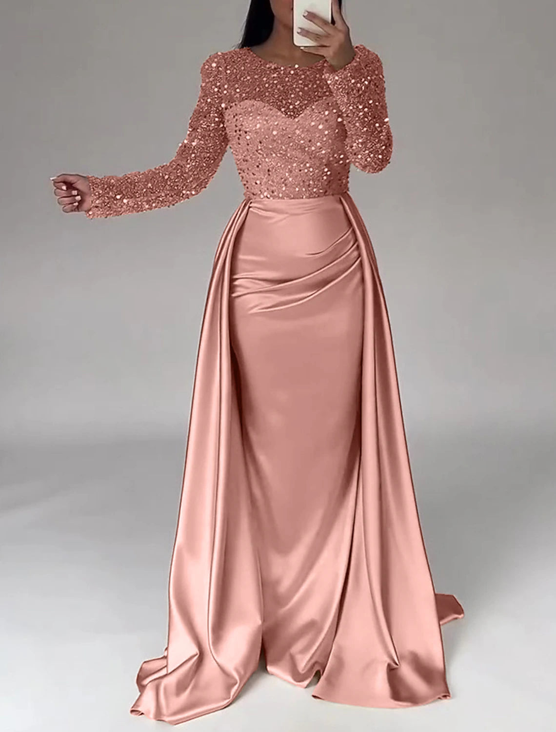Mermaid Sequin Evening Gown Ruched Satin Dress Long Sleeves Floor Length Sparkle Illusion Neck Prom Wedding Guest Dress