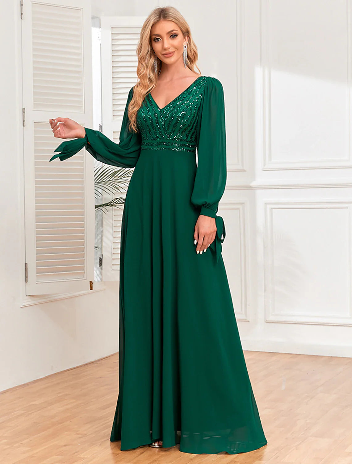 Evening Gown Empire Dress Evening Party Wedding Reception Floor Length Long Sleeve V Neck Fall Wedding Guest Chiffon V Back with Sequin