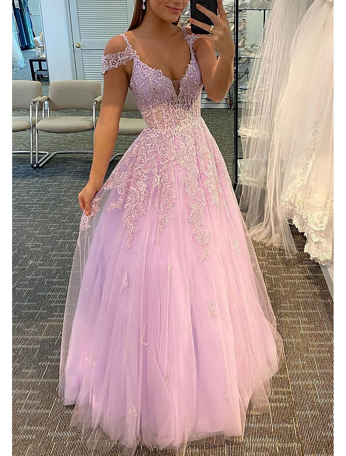 A-Line Evening Dresses Empire Dress Formal Wedding Guest Floor Length Sleeveless V Neck Tulle Backless