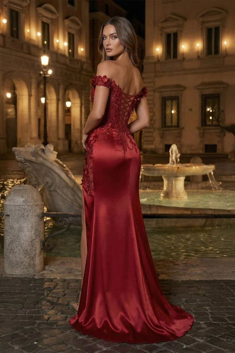 Burgundy Satin and Lace Mermaid Off-the-Shoulder Floor-Length Dress