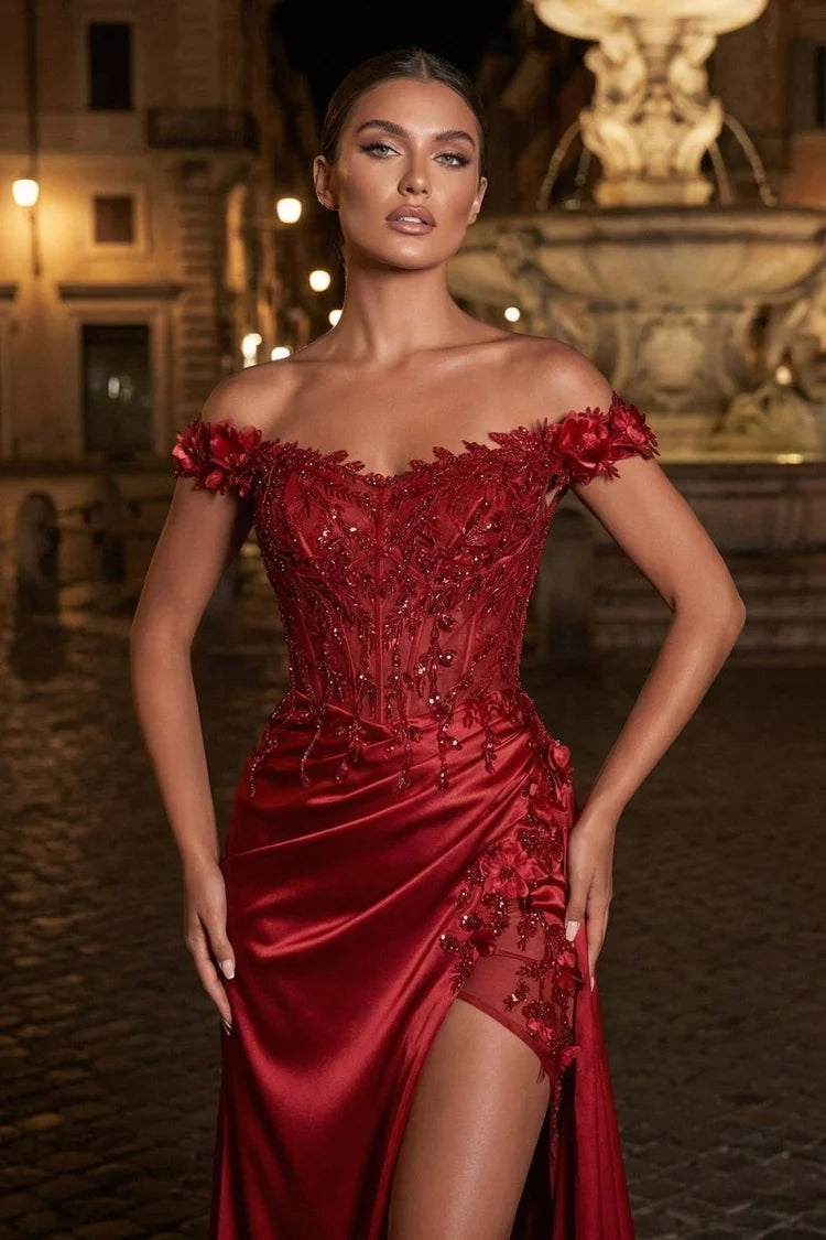 Burgundy Satin and Lace Mermaid Off-the-Shoulder Floor-Length Dress