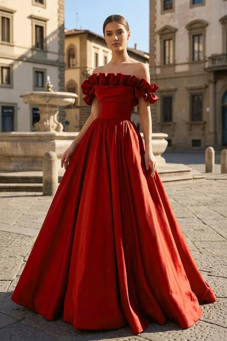 Burgundy Taffeta ball-gown off-the-shoulder lace-up-back floor-length Dress