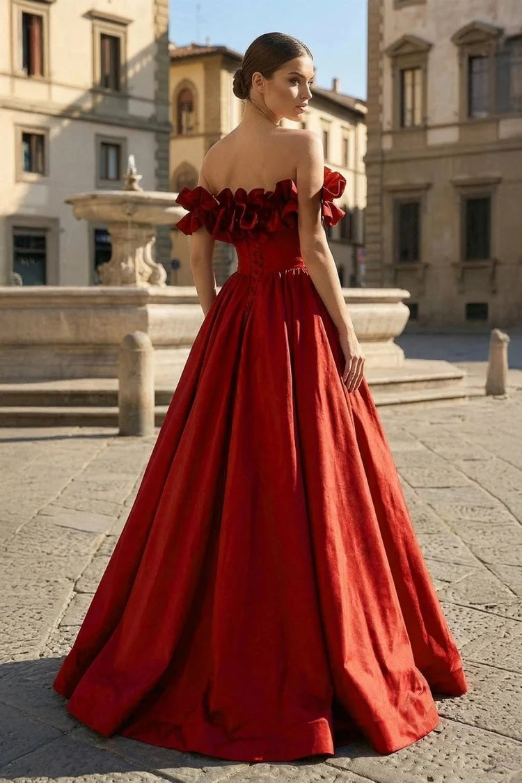 Burgundy Taffeta ball-gown off-the-shoulder lace-up-back floor-length Dress