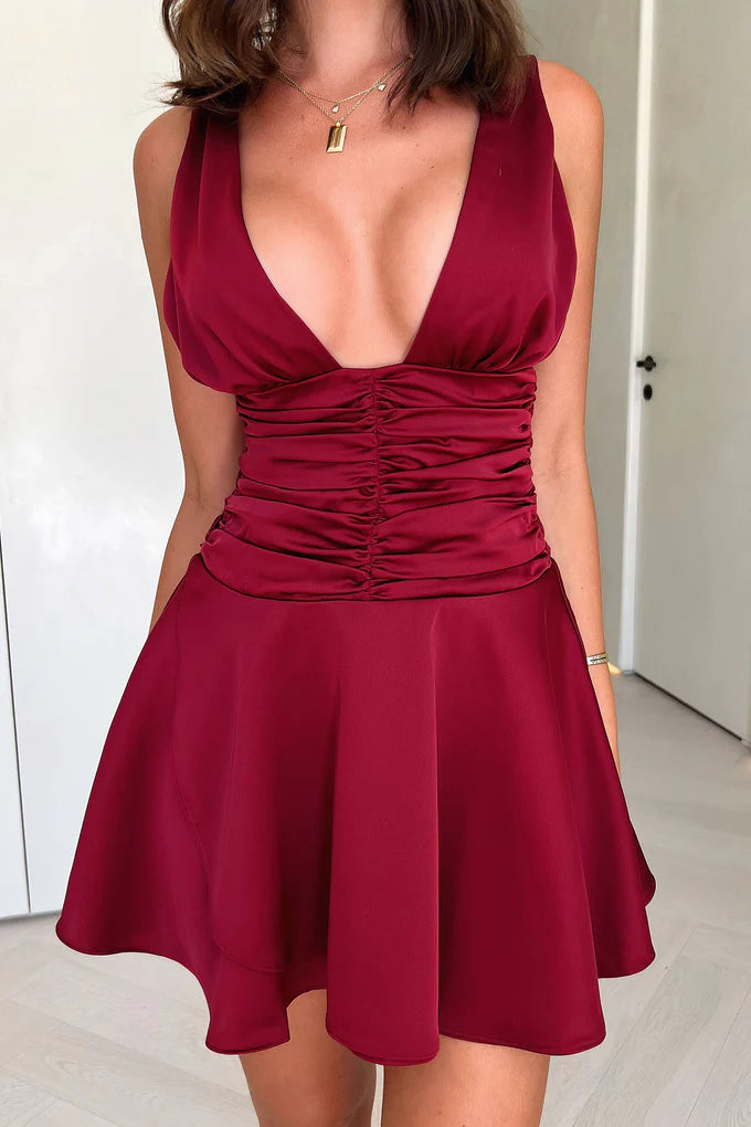 Simple A-Line V Neck Sleeveless Backless Satin Short-Mini Homecoming Dress