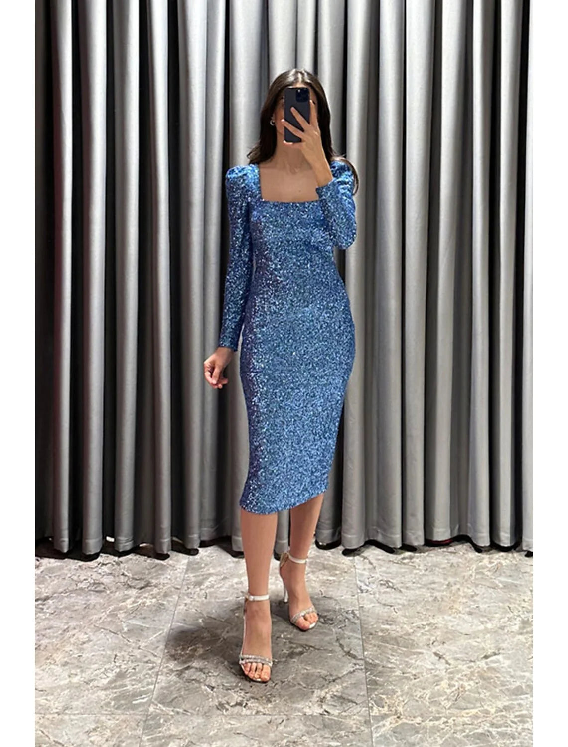 Evening Gown Elegant Black Dress Formal Fall Tea Length Long Sleeve Square Neck Sequined with Glitter Slit