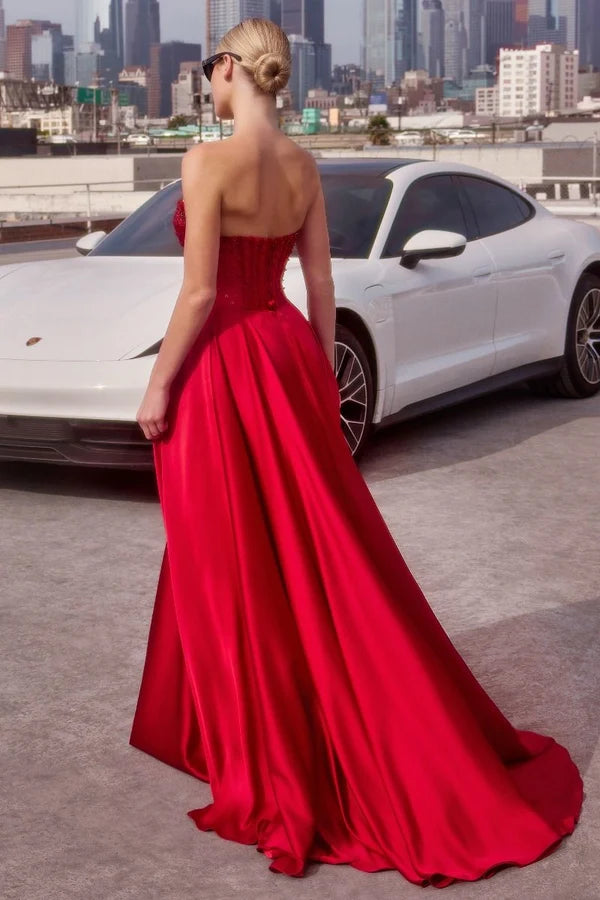 Red A-line Sweetheart Strapless Corset Back Full Length Prom Gown